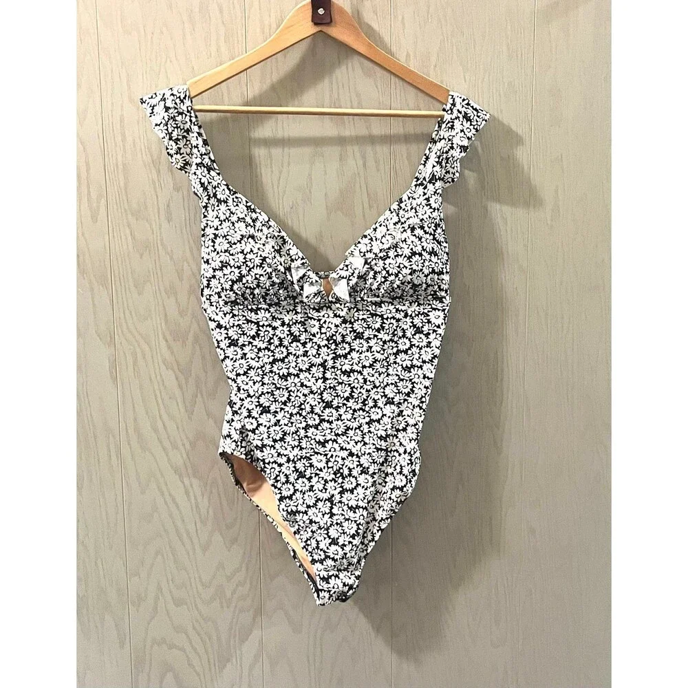 J.Crew Floral Siren Ruffle-shoulder V-neck one-piece swimsuit - Large